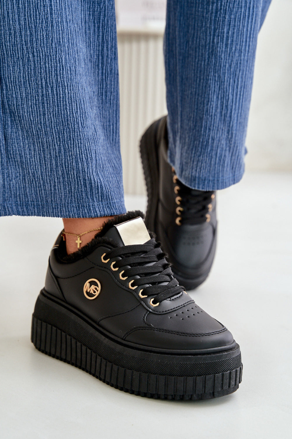 Step In Style Black Faux Leather Platform Lace Up Trainers - view 3