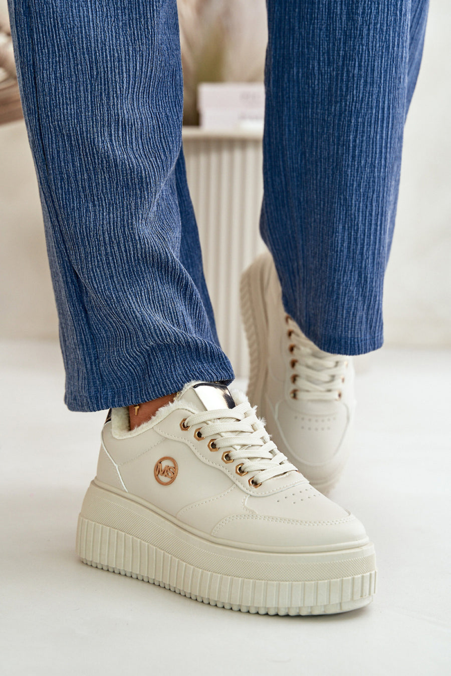 Step In Style Beige Faux Leather Platform Lace Up Warm Lined Trainers