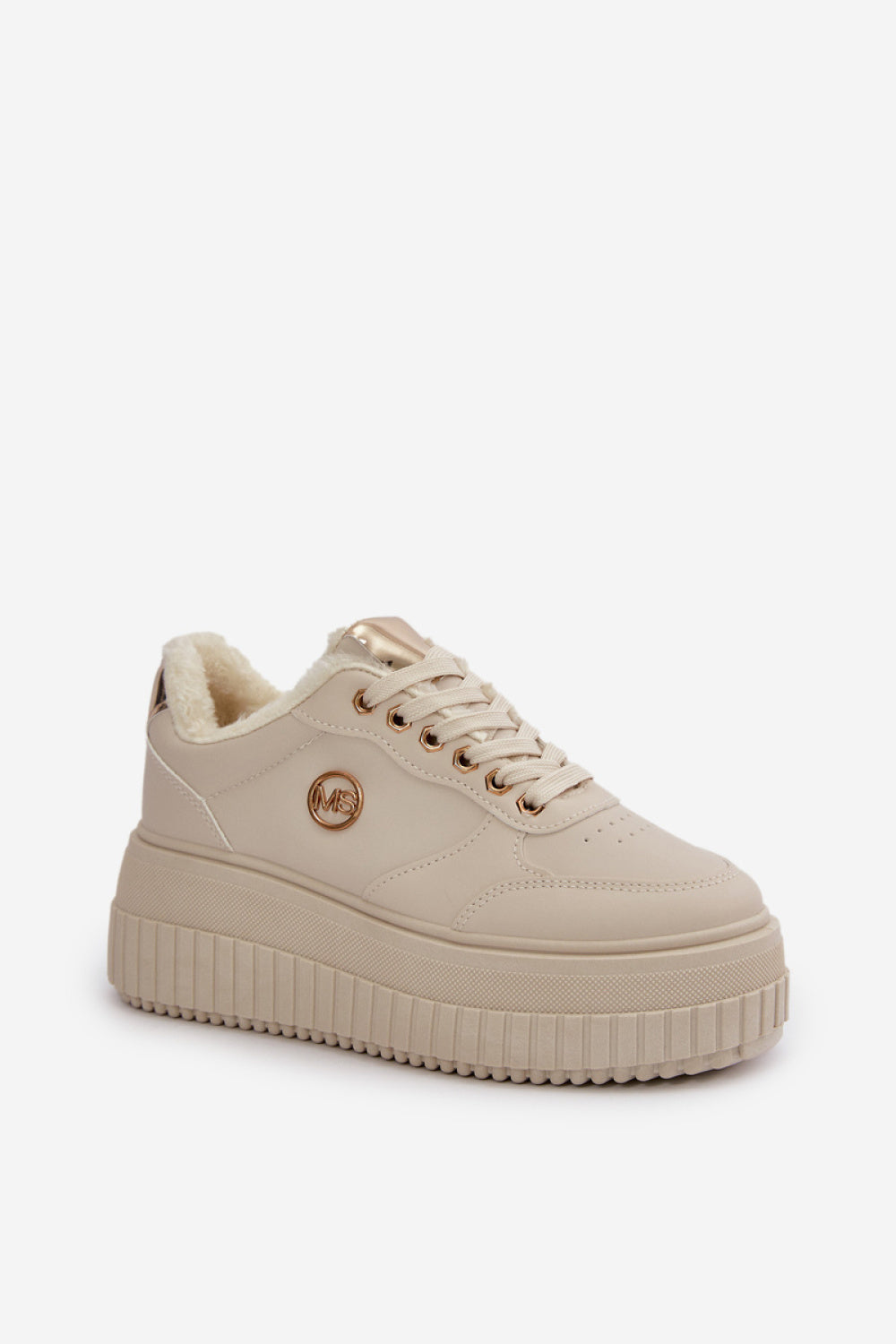 Step In Style Beige Faux Leather Platform Lace Up Warm Lined Trainers - view 2