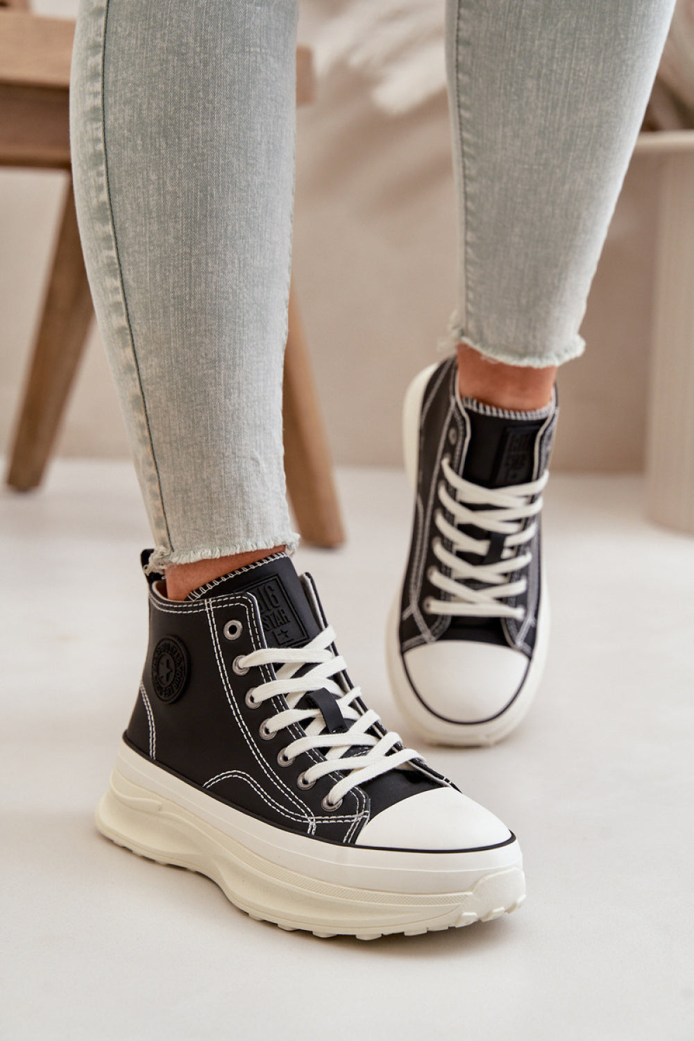 Step In Style Black Leather Platform Trainers with Round Toe