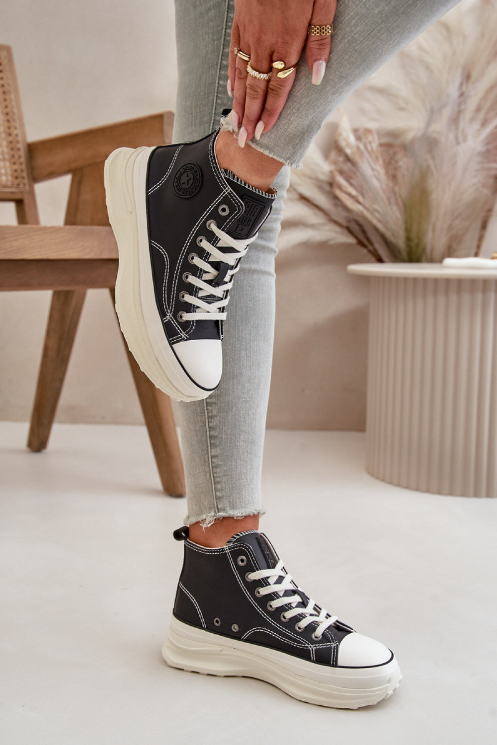 Step In Style Black Leather Platform Trainers with Round Toe - view 3