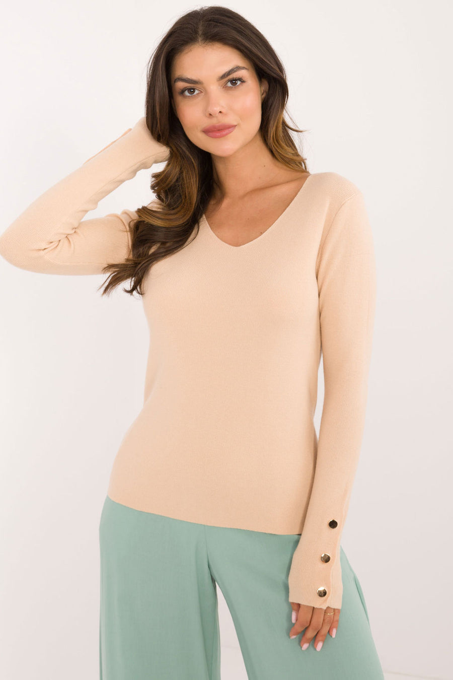 AT Beige V-Neck Long Sleeve Jumper