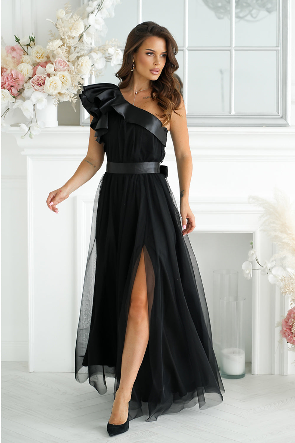 Bicotone Black Satin Maxi Dress