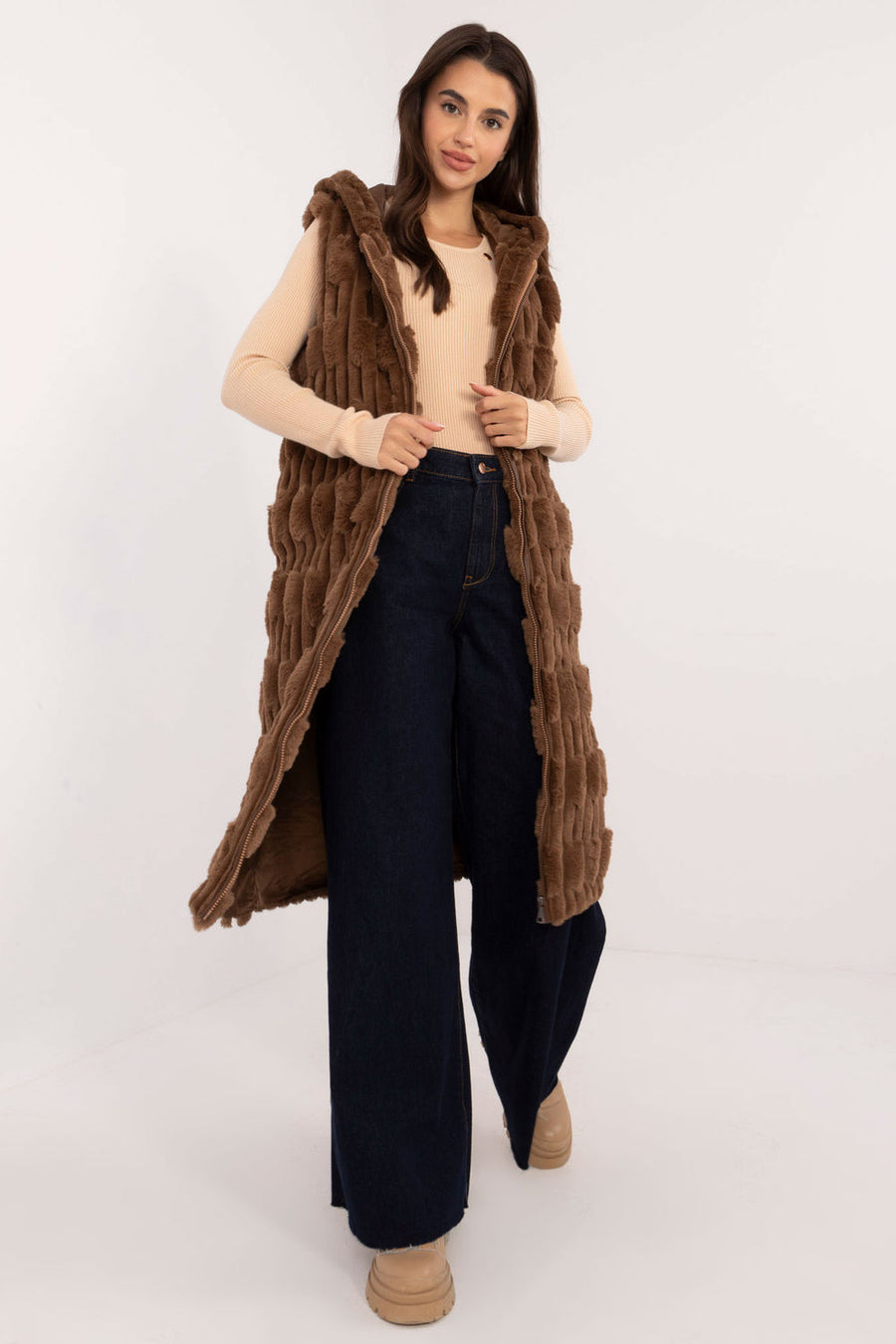 AT Brown Polyester Hooded Zip Up Gilet