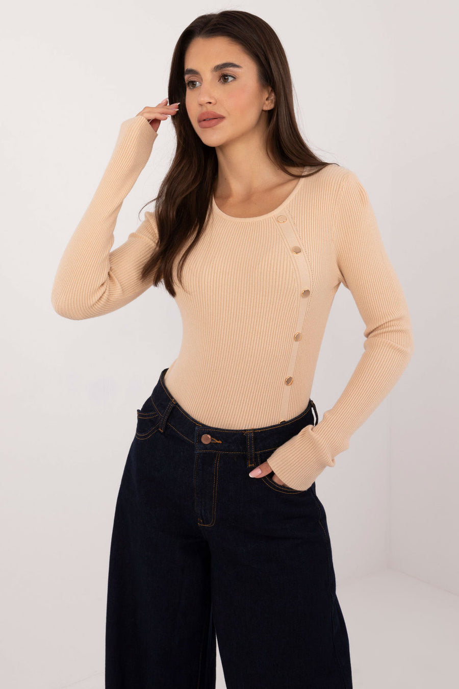 AT Beige Ribbed Long Sleeve Jumper
