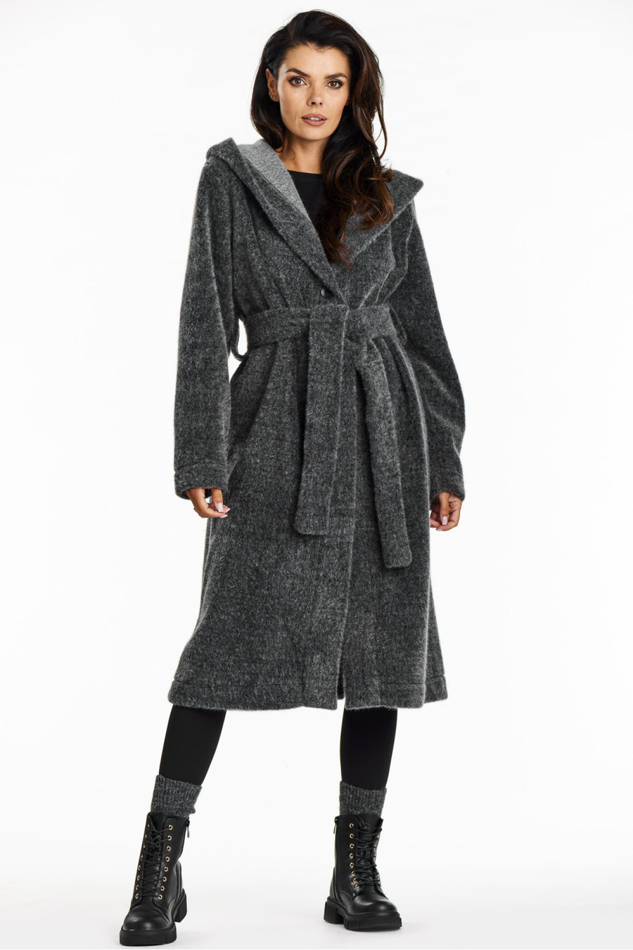 Awama Grey Collared Knitted Hooded Coat