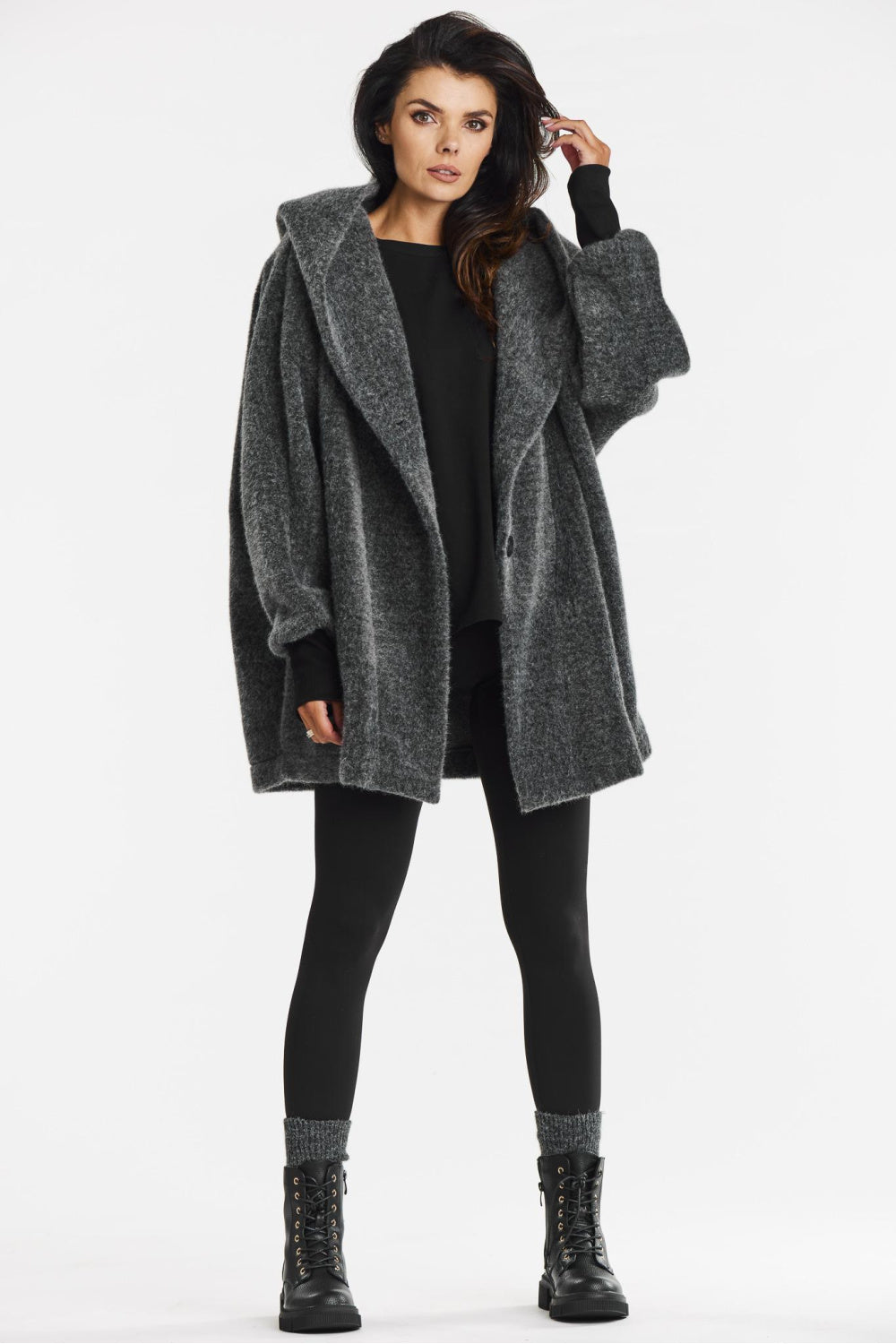 Awama Grey Knitted Hooded Coat - view 2