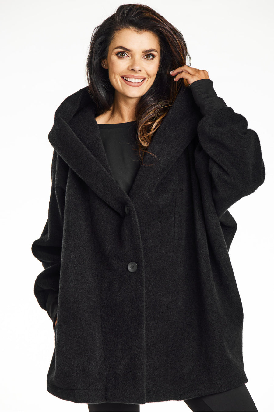 Awama Black Loose Fit Knitted Hooded Coat