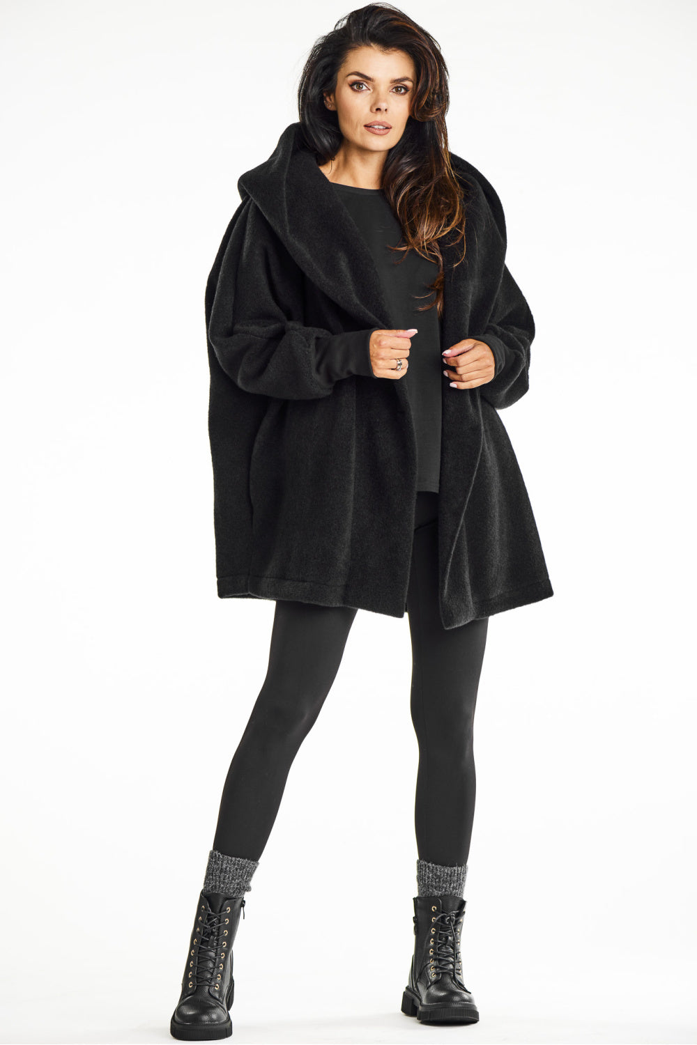 Awama Black Loose Fit Knitted Hooded Coat - view 2