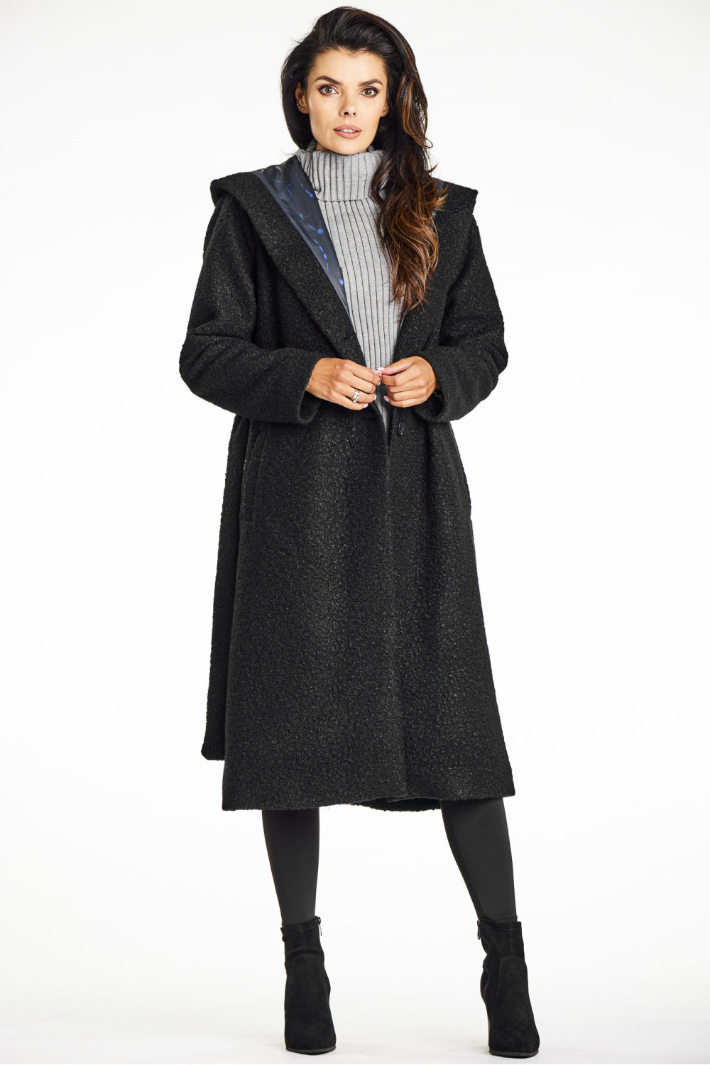 Awama Black Collared Hooded Coat