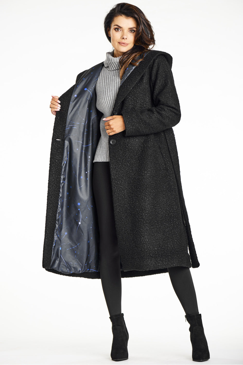 Awama Black Collared Hooded Coat - view 2
