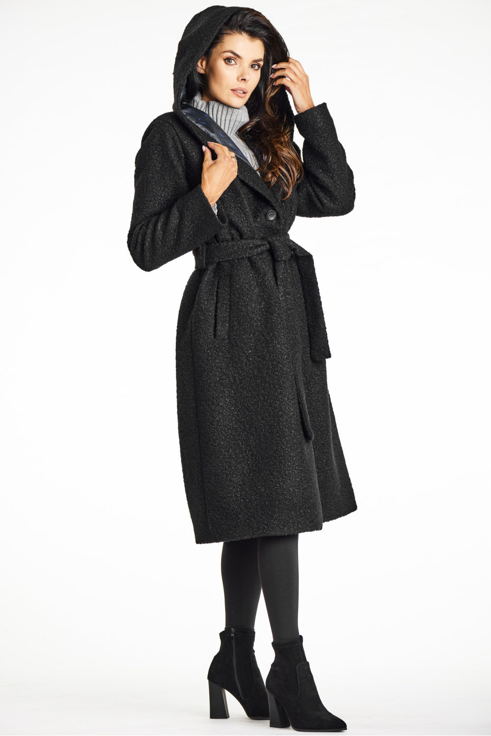 Awama Black Collared Hooded Coat - view 4