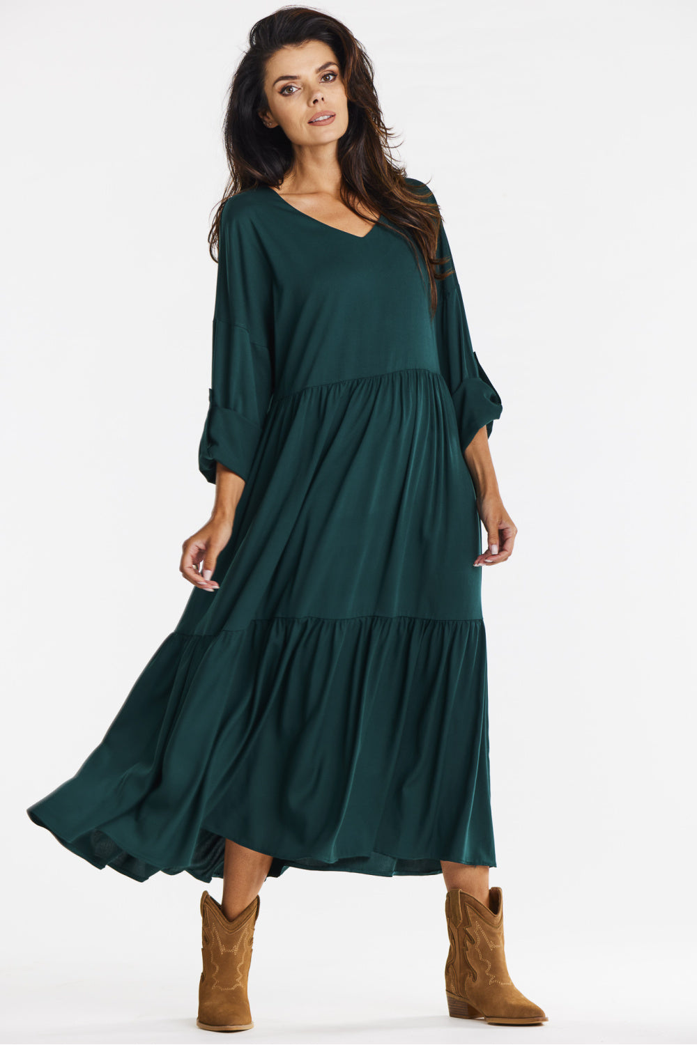 Awama Bottle Green Maxi Flared Dress