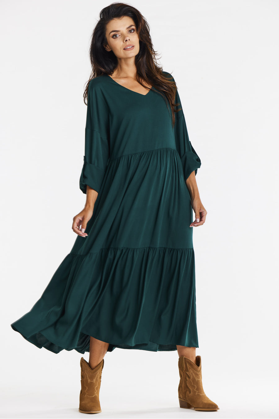 Awama Bottle Green Maxi Flared Dress