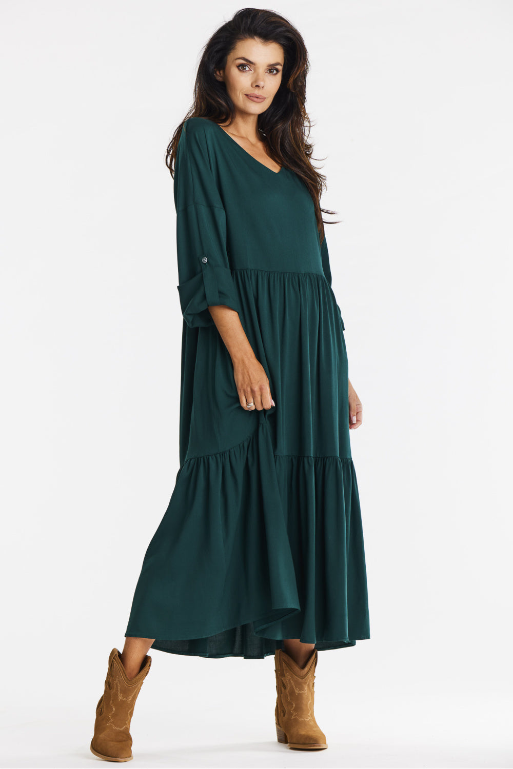 Awama Bottle Green Maxi Flared Dress - view 2