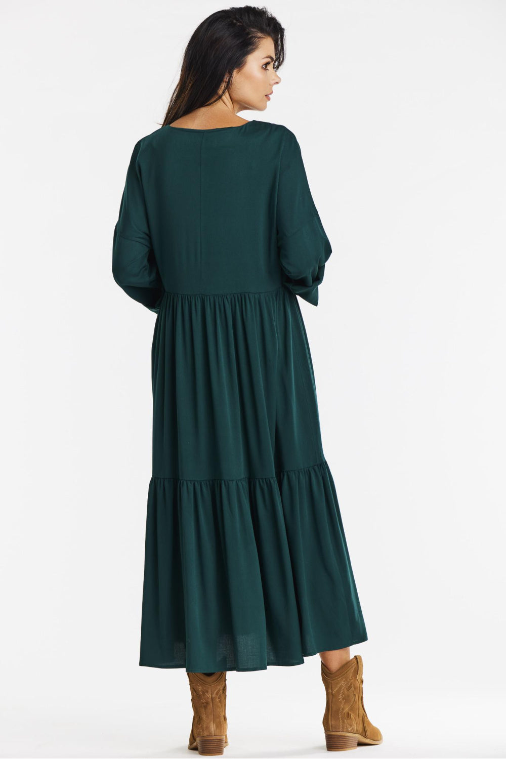 Awama Bottle Green Maxi Flared Dress - view 3
