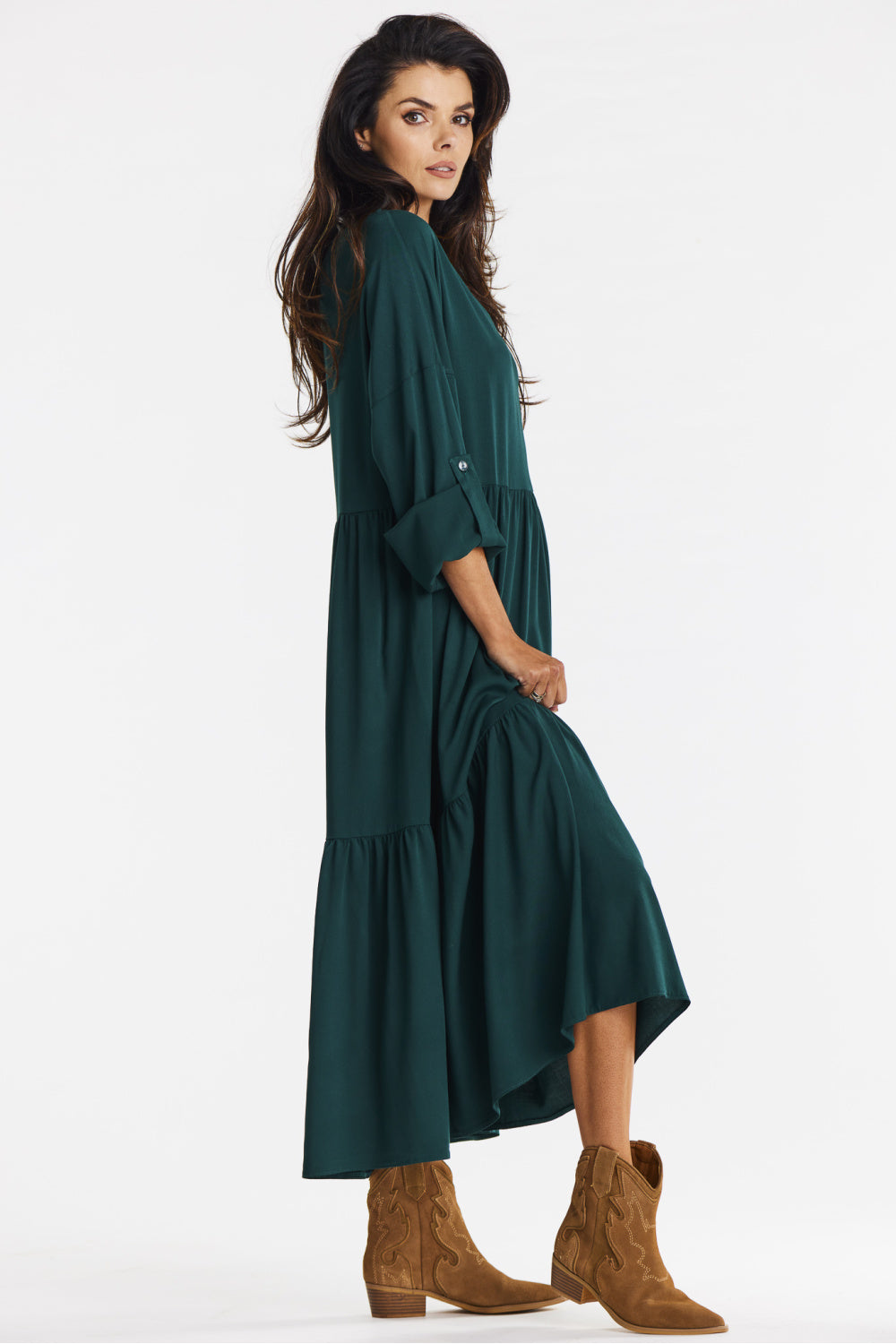 Awama Bottle Green Maxi Flared Dress - view 4