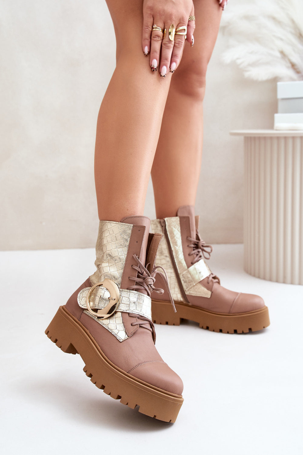 Step In Style Zazoo Beige Leather Platform Ankle Boots