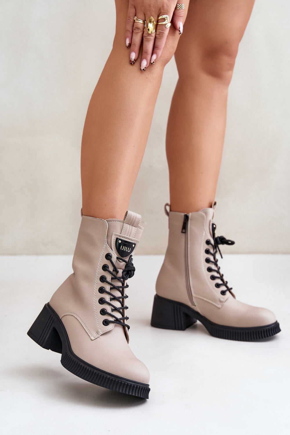 Step In Style Vinceza Beige Leather Warm Lined Heeled Ankle Boots