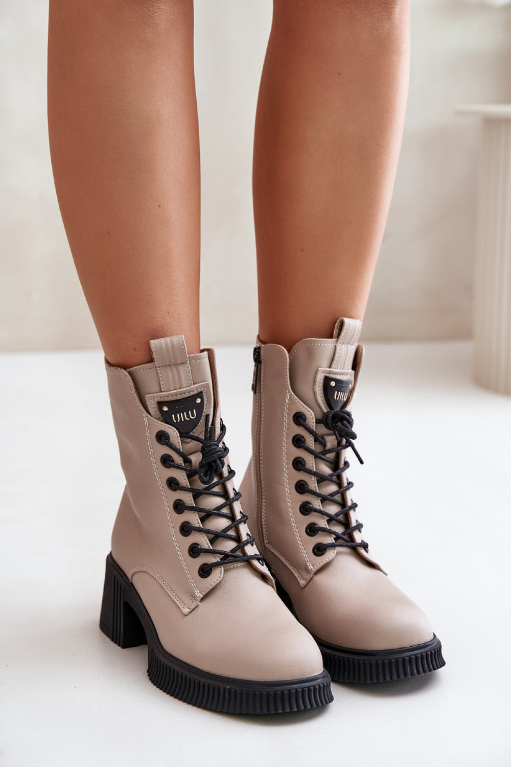 Step In Style Vinceza Beige Leather Warm Lined Heeled Ankle Boots - view 3