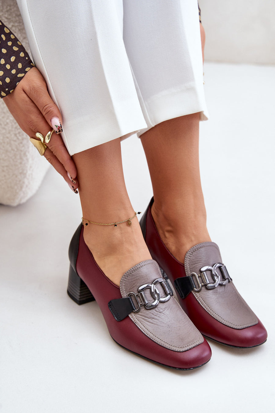 Step In Style Laura Messi Burgundy Leather Block Heel Court Shoes
