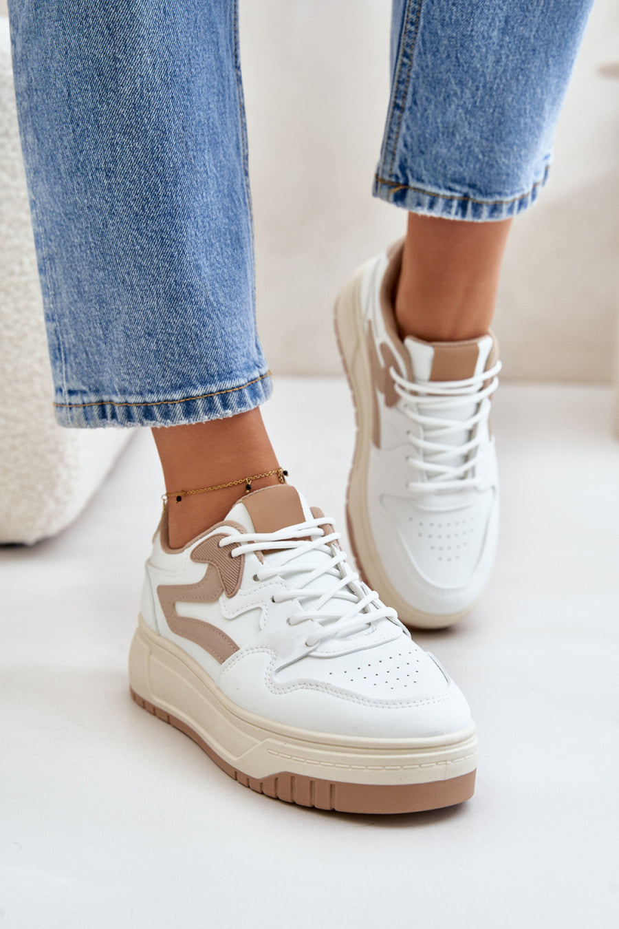 Step In Style Beige Faux Leather Platform Trainers