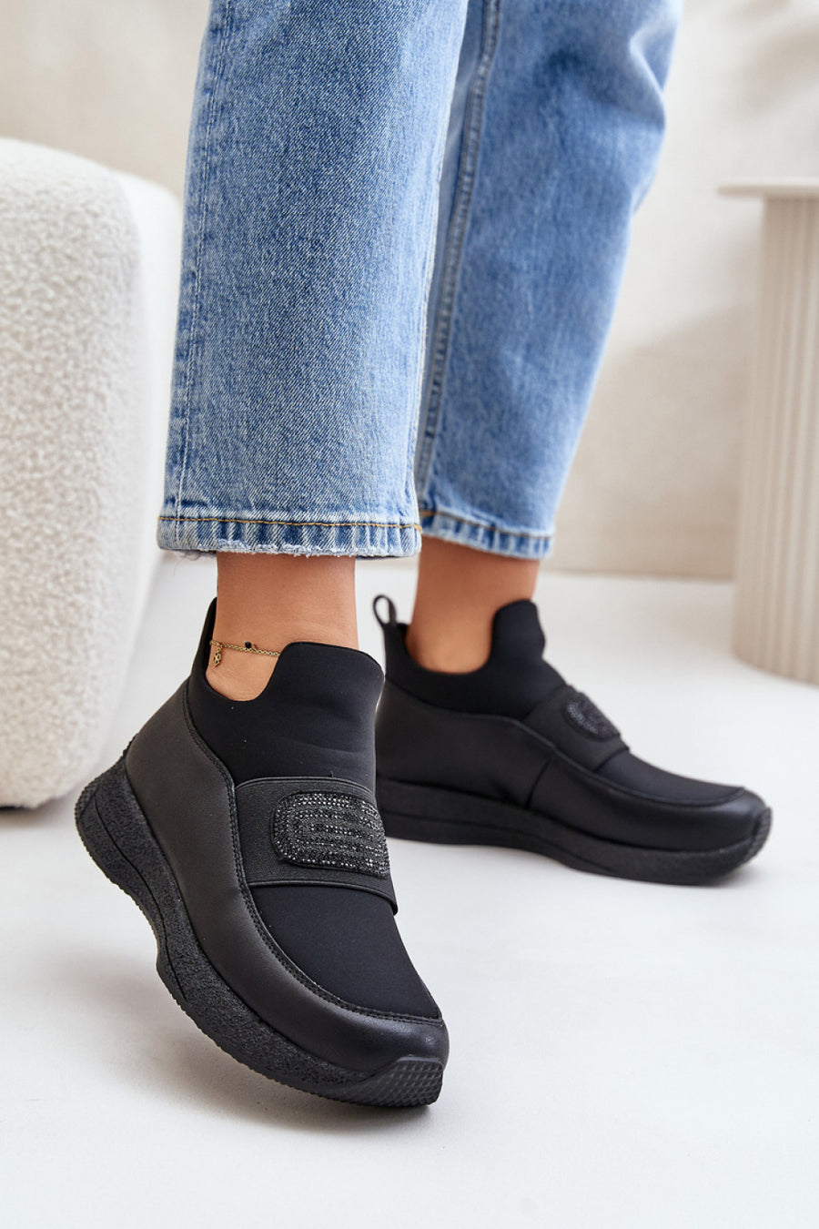 Step In Style Black Leather Warm Lined Platform Trainers