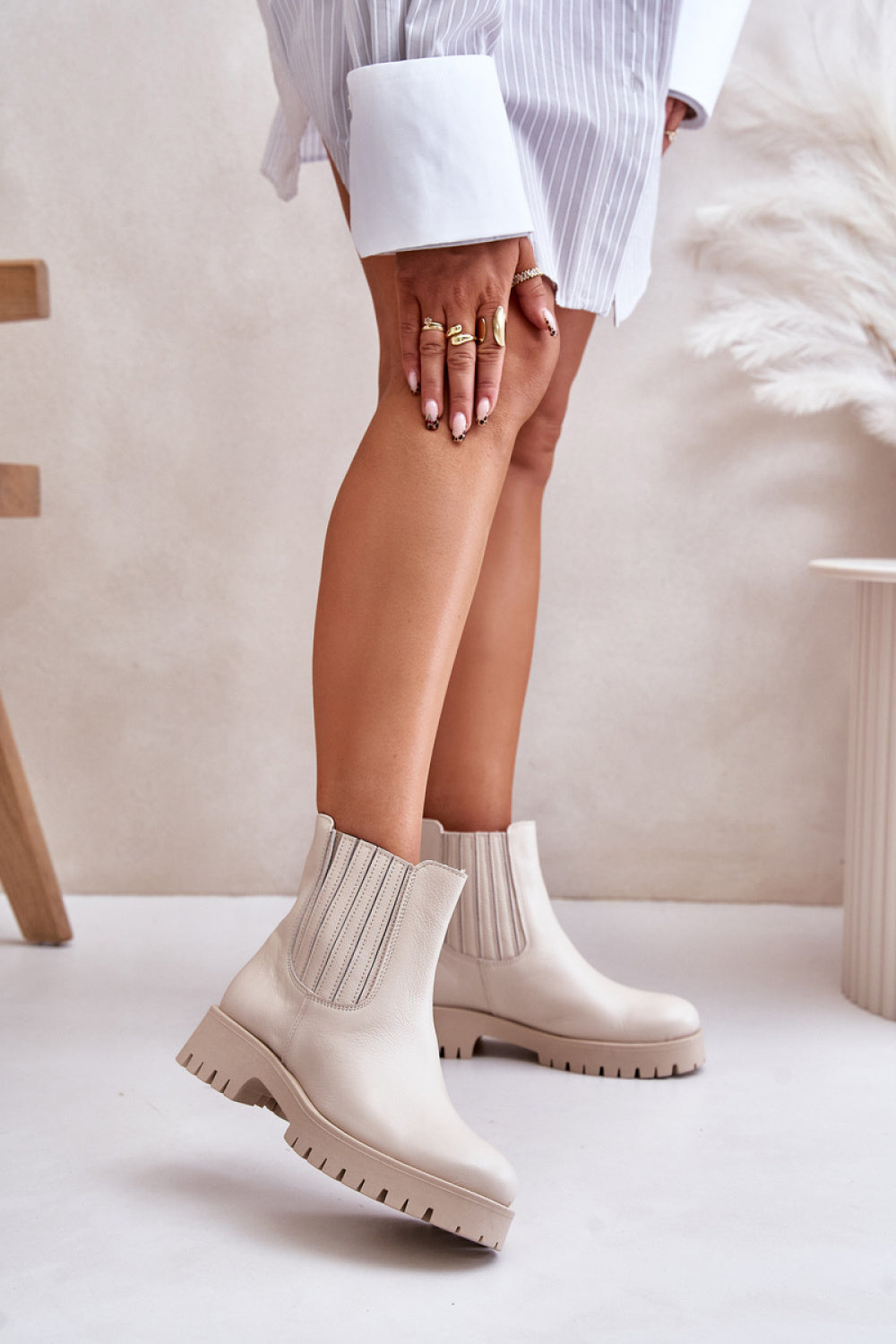 Step In Style Light Beige Leather Flat Boots