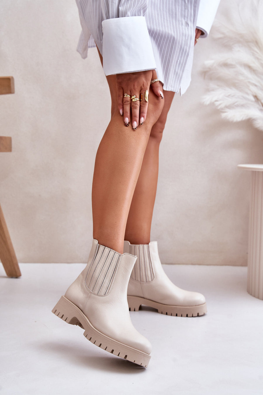Step In Style Light Beige Leather Flat Boots