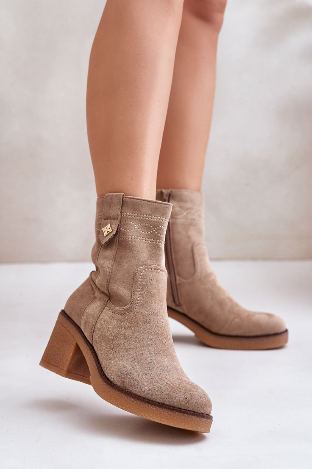 Step In Style Vailia Beige Faux Suede Warm Lined Heeled Ankle Boots