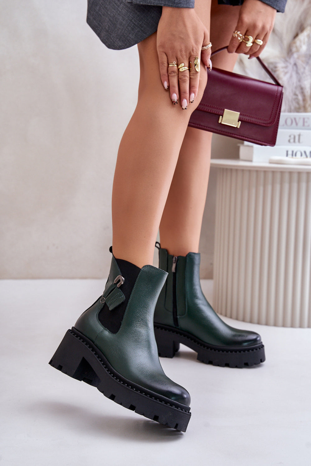 Step In Style Zazoo Dark Green Leather Warm Lined Heeled Ankle Boots