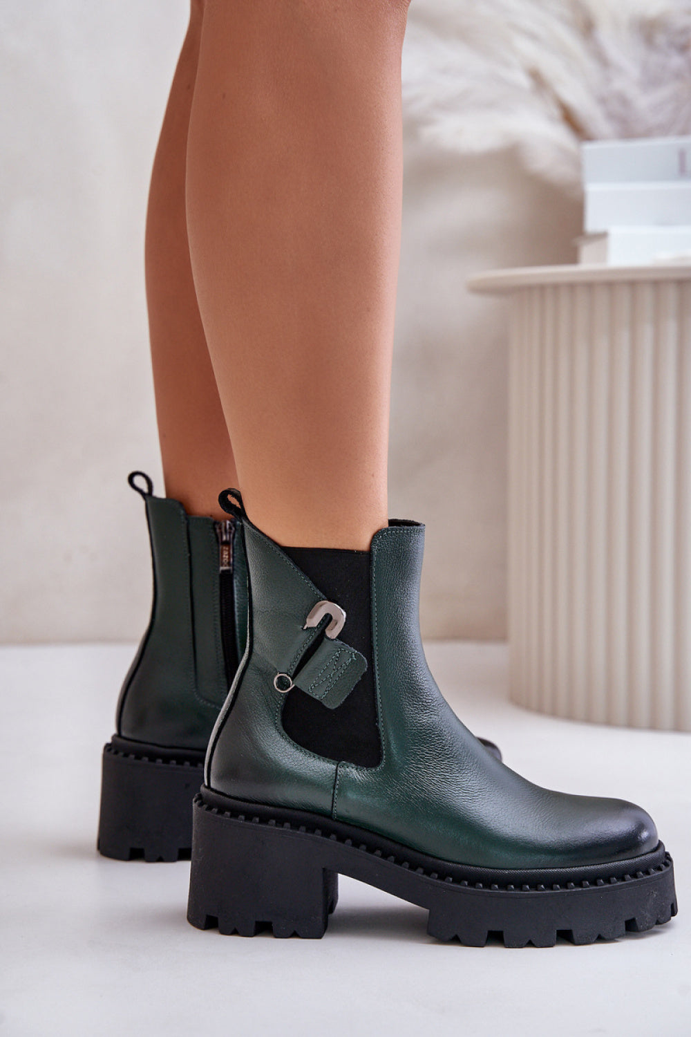 Step In Style Zazoo Dark Green Leather Warm Lined Heeled Ankle Boots - view 3