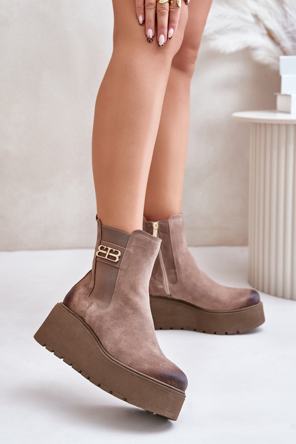Step In Style Zazoo Beige Suede Platform Wedge Ankle Boots