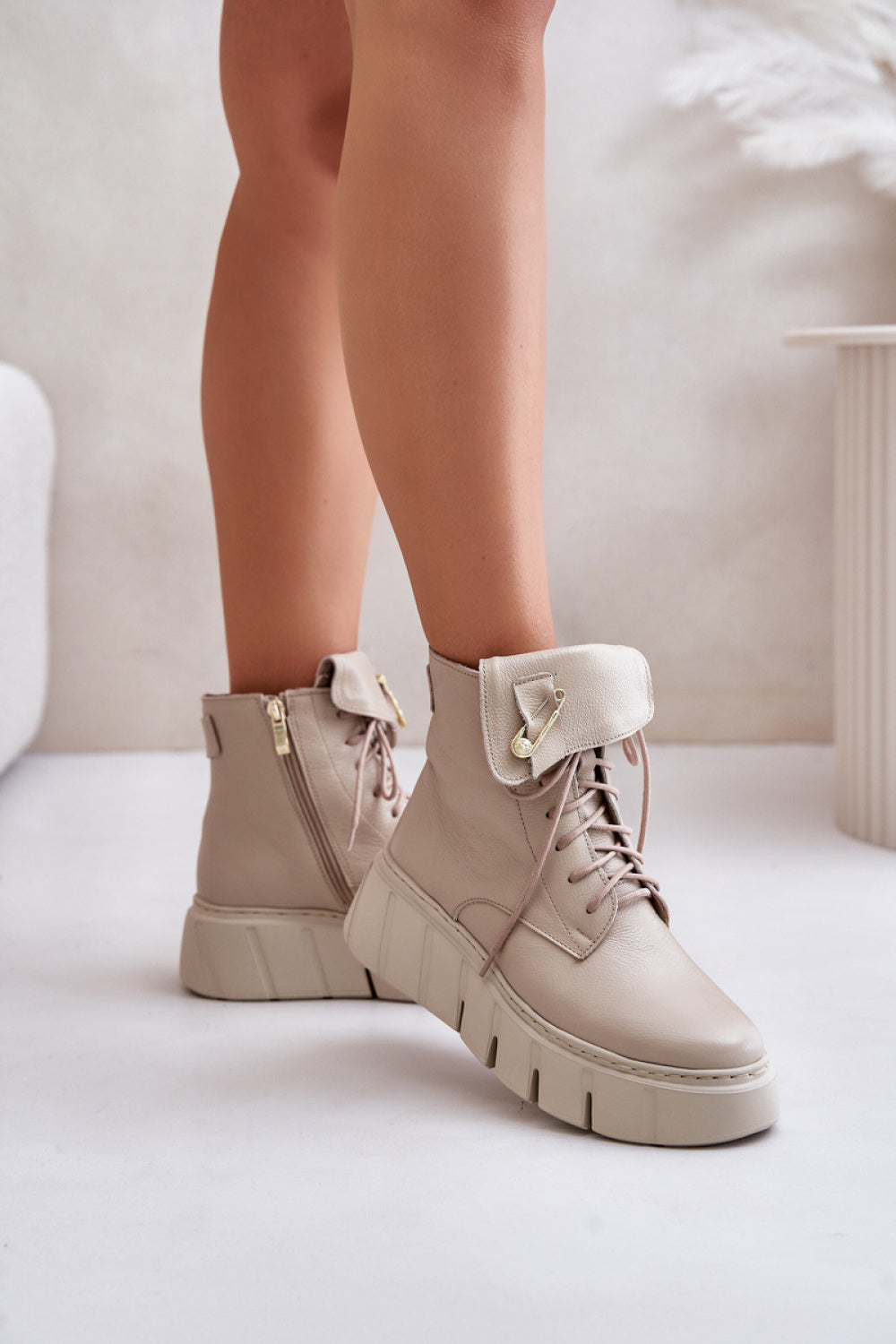 Step In Style Zazoo Beige Leather Platform Warm Lined Wedge Ankle Boots