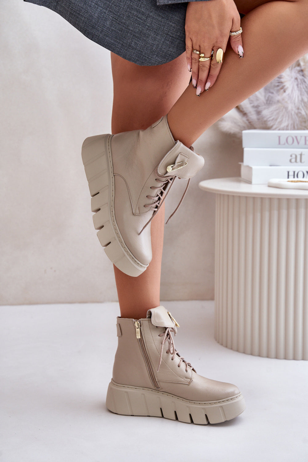 Step In Style Zazoo Beige Leather Platform Warm Lined Wedge Ankle Boots - view 3