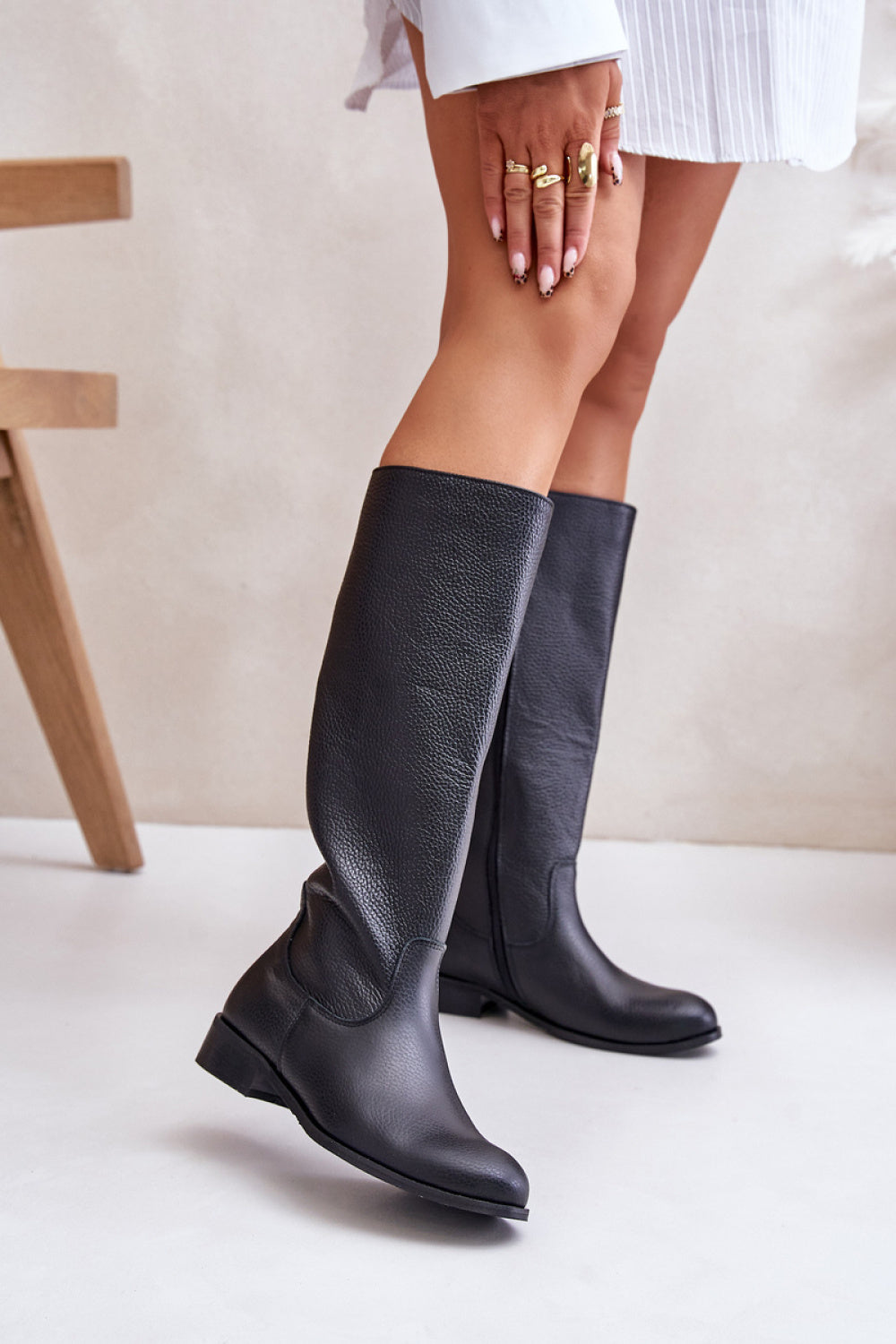 Step In Style Black Leather Flat Over The Knee Boots