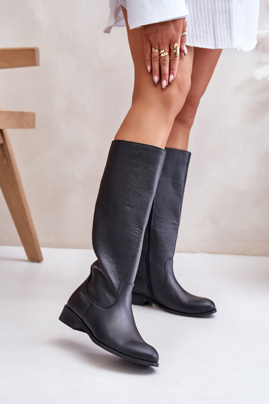 Step In Style Black Leather Flat Over The Knee Boots