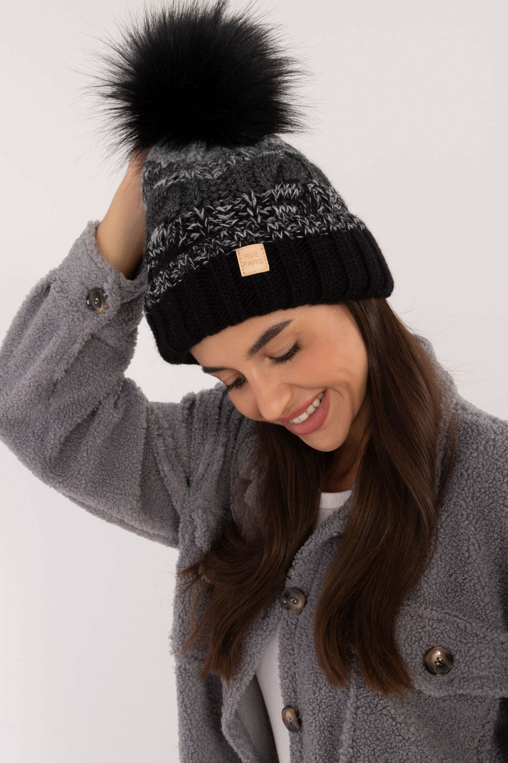 Rue Paris Black Beanie Hat with Lining - view 4