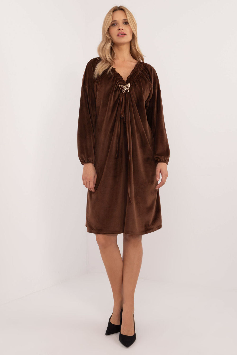 Italy Moda Brown Polyester Velvet Long Sleeve Dress - view 2