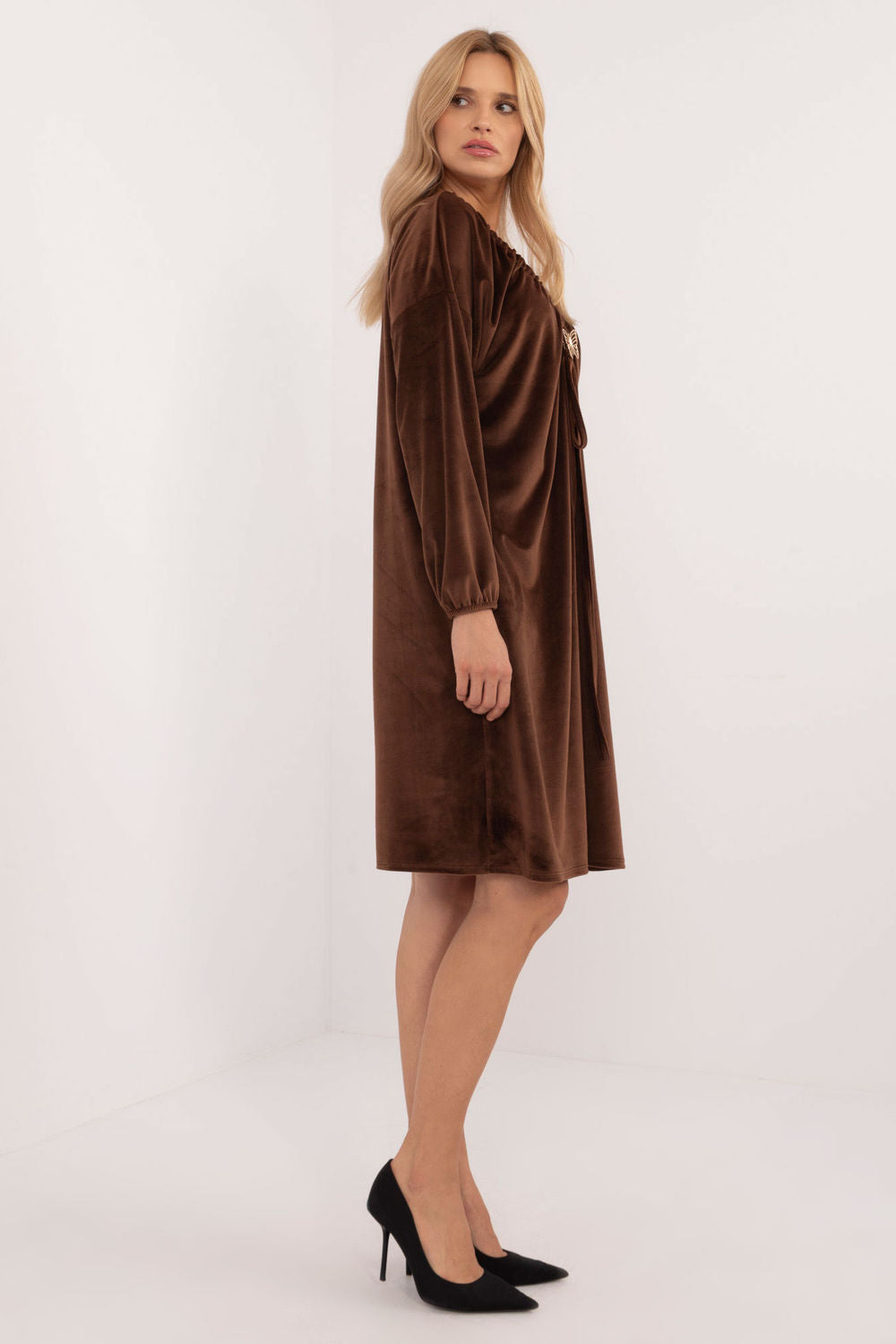 Italy Moda Brown Polyester Velvet Long Sleeve Dress - view 4
