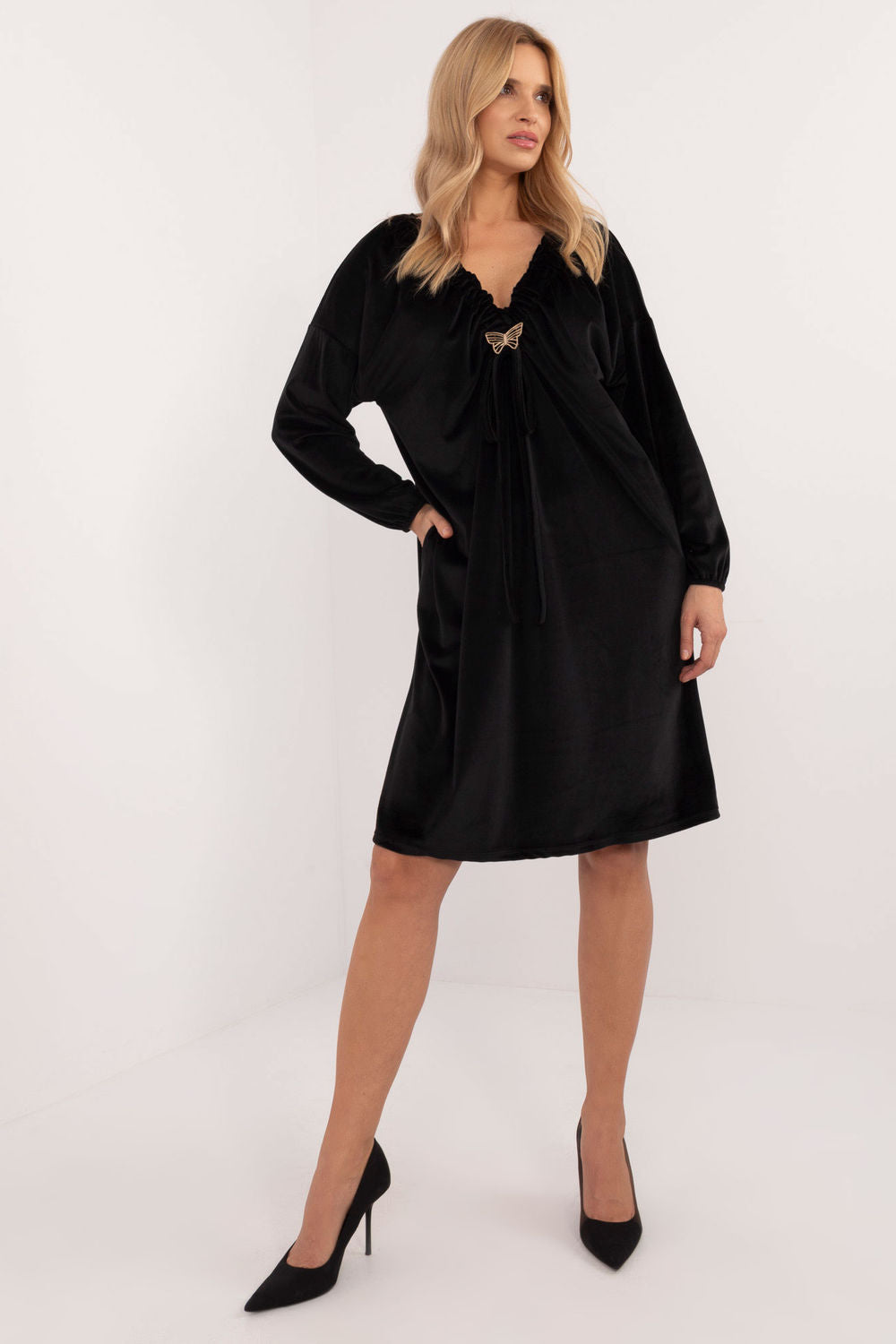 Italy Moda Black Velvet Long Sleeve Dress