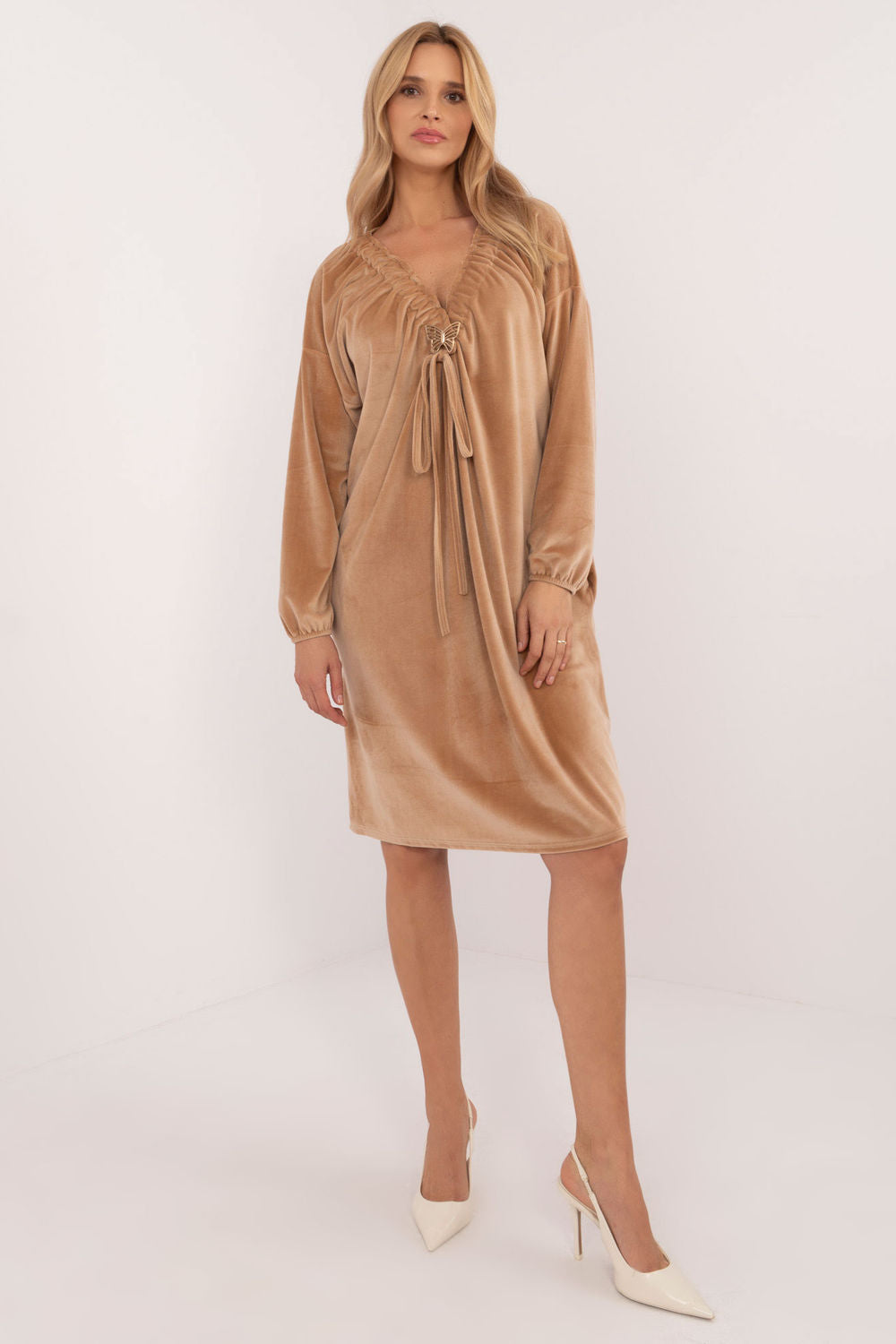 Italy Moda Camel Velvet Long Sleeve Dress