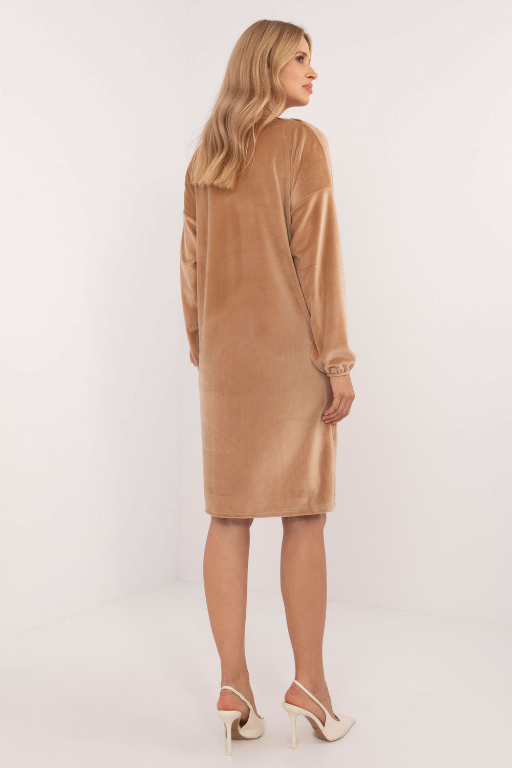 Italy Moda Camel Velvet Long Sleeve Dress - view 3
