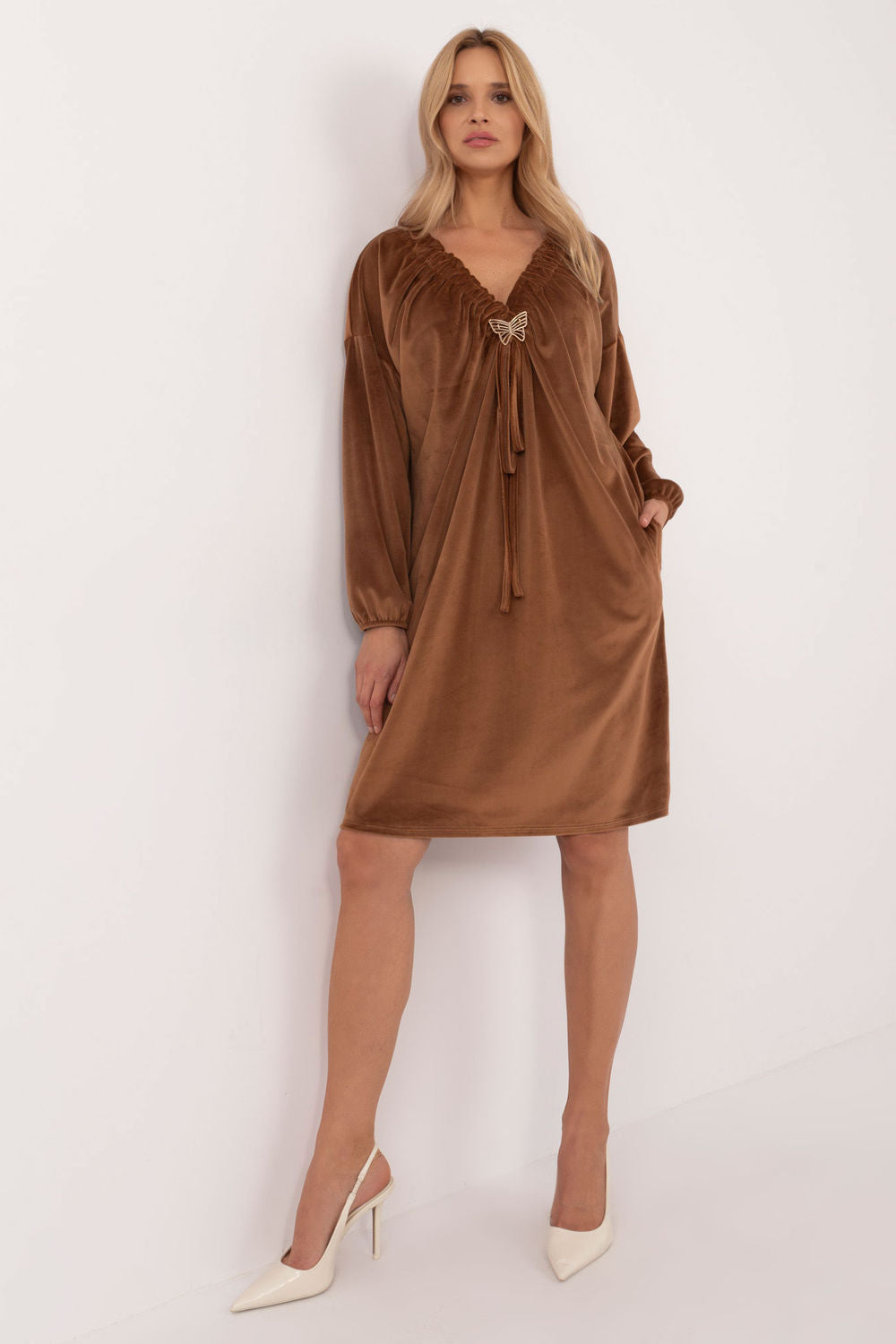 Italy Moda Light Brown Velvet Long Sleeve Dress