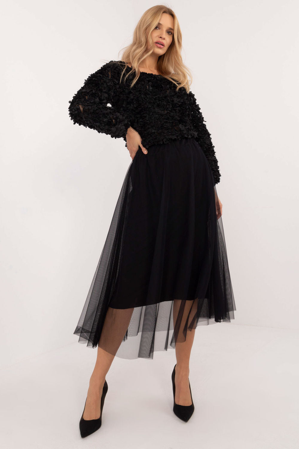 Italy Moda Black Mesh Flared Skirt