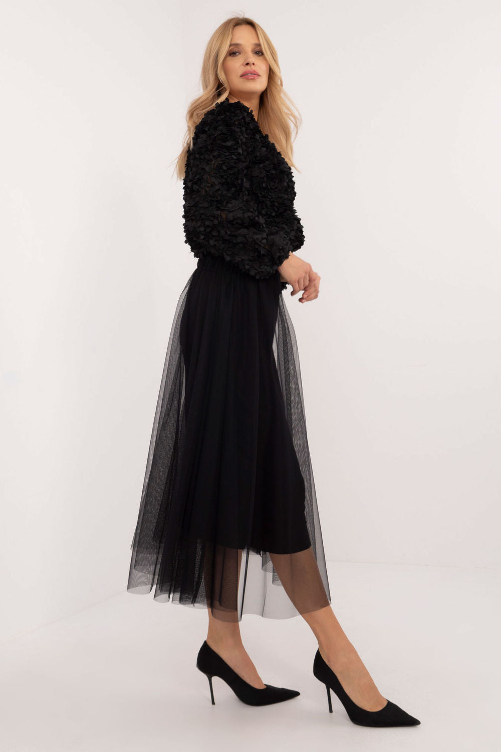 Italy Moda Black Mesh Flared Skirt - view 2