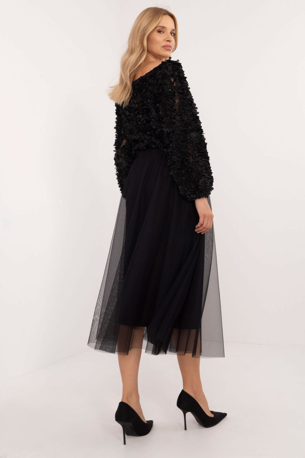 Italy Moda Black Mesh Flared Skirt - view 3