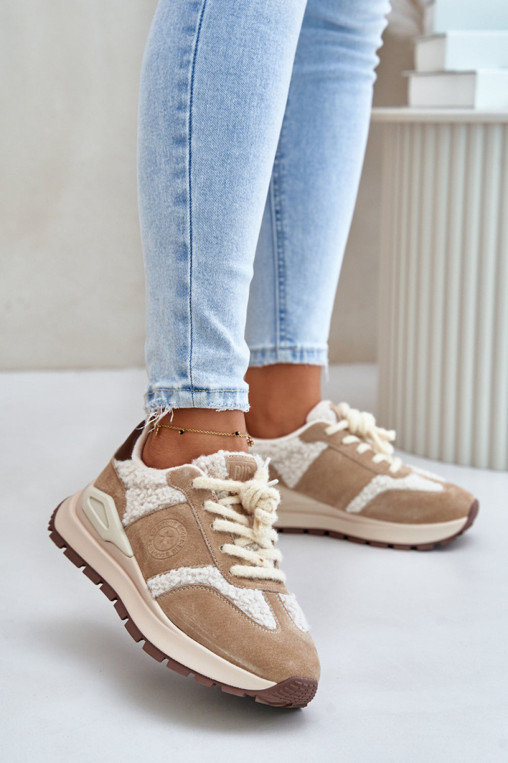 Step In Style Beige Suede Warm Lined Platform Trainers