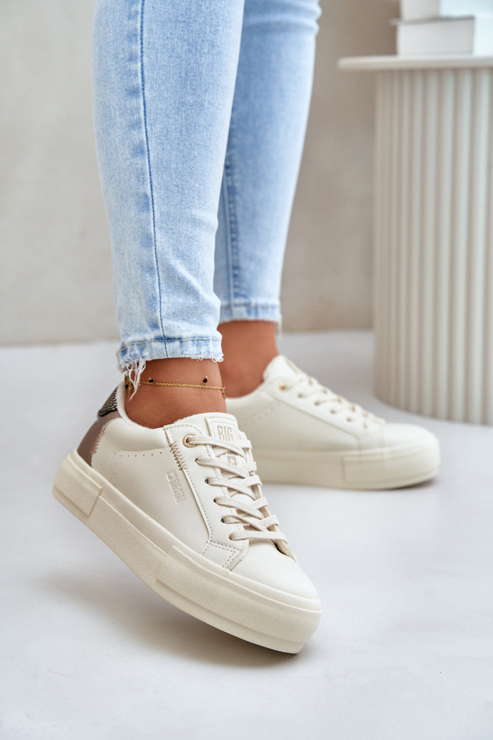 Step In Style Beige Faux Leather Warm Lined Platform Trainers