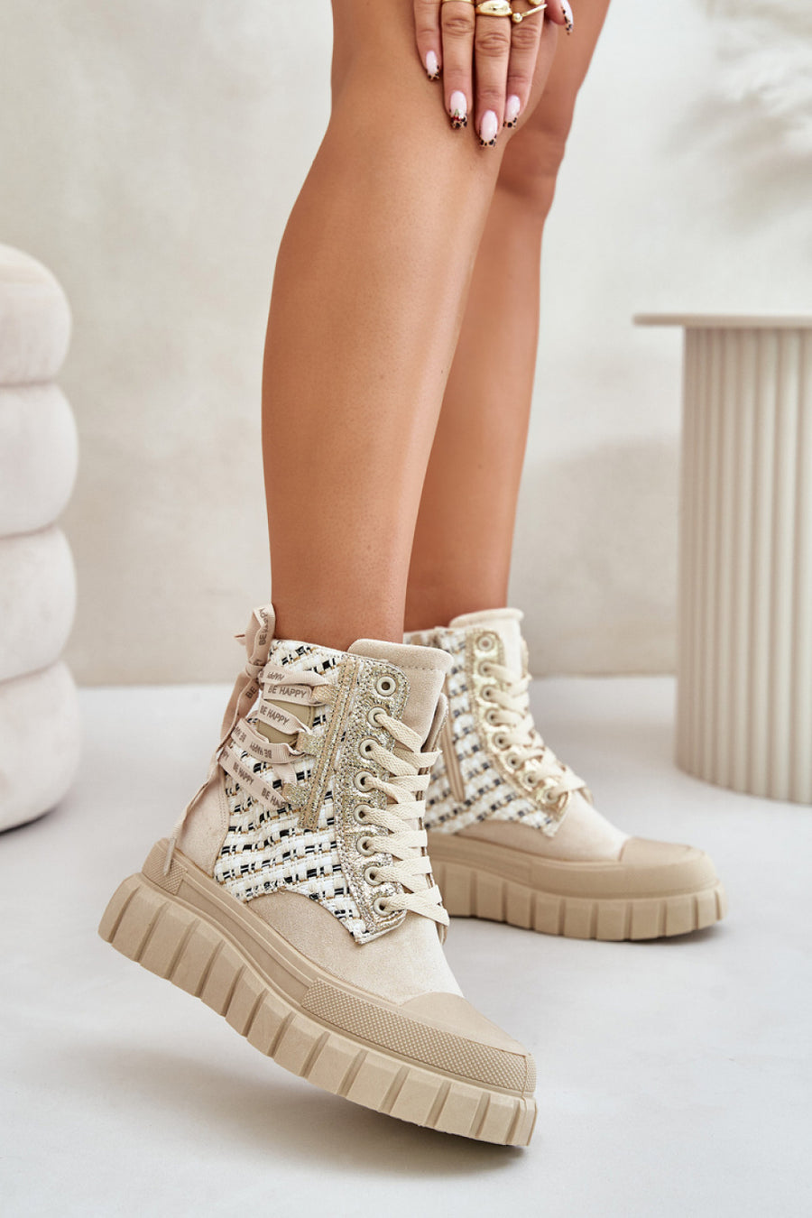 Step In Style Kernia Light Beige Faux Suede Platform Trainers
